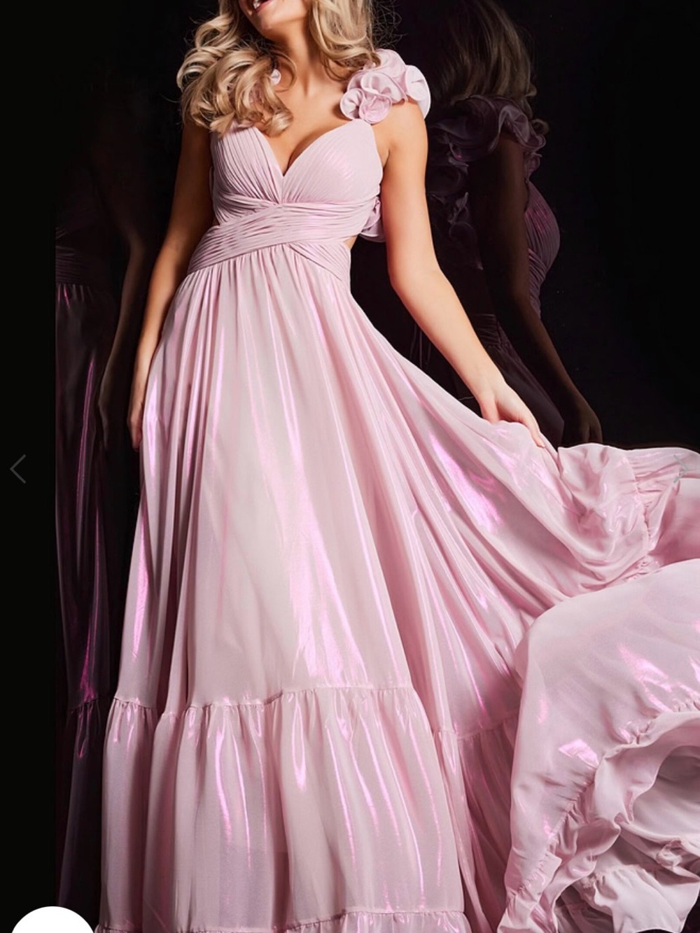 Jovani Blush Pink Satin Maxi Dress with Floral Shoulder